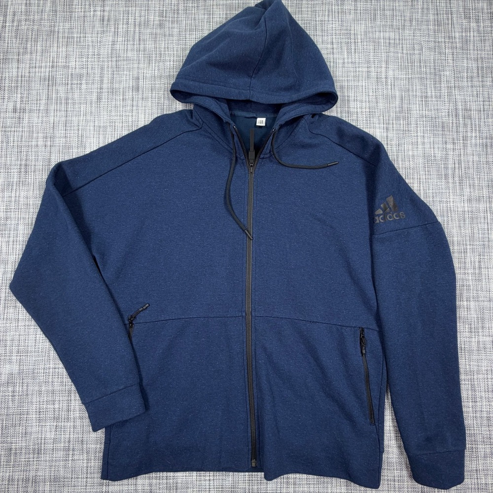 Adidas Mens Approx Large ID Stadium Full Zip Hoodie Navy Blue Doubleknit Pockets